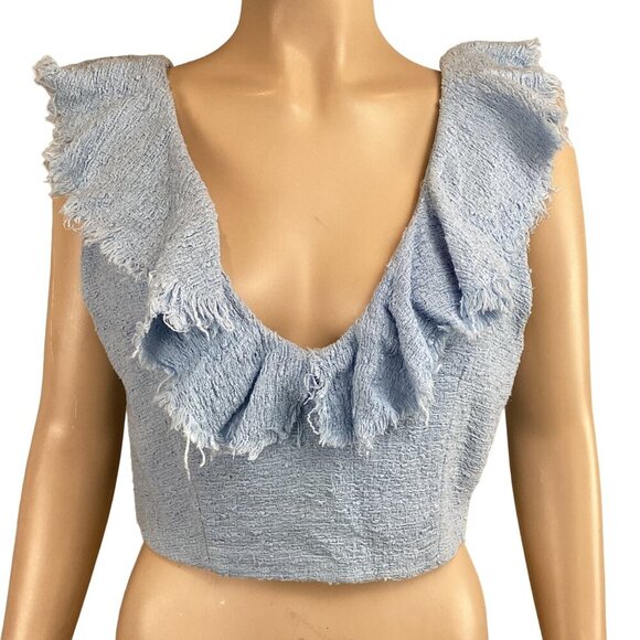 Zara Size Medium Woman Light Blue Textured Crop Top With Ruffled Sleeves - Picture 2 of 7